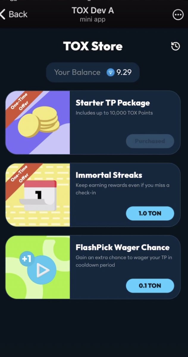 🚀 Discover the TOX Items That Can Change Your Trading Game Forever!🚀

💎 1. Immortal Streaks
• Cost: 1 TON

• Benefit: Never lose your check-in streak, even if you miss a day!
👉 Pro Tip: Activate this when you’re offline to keep earning TOX Points.