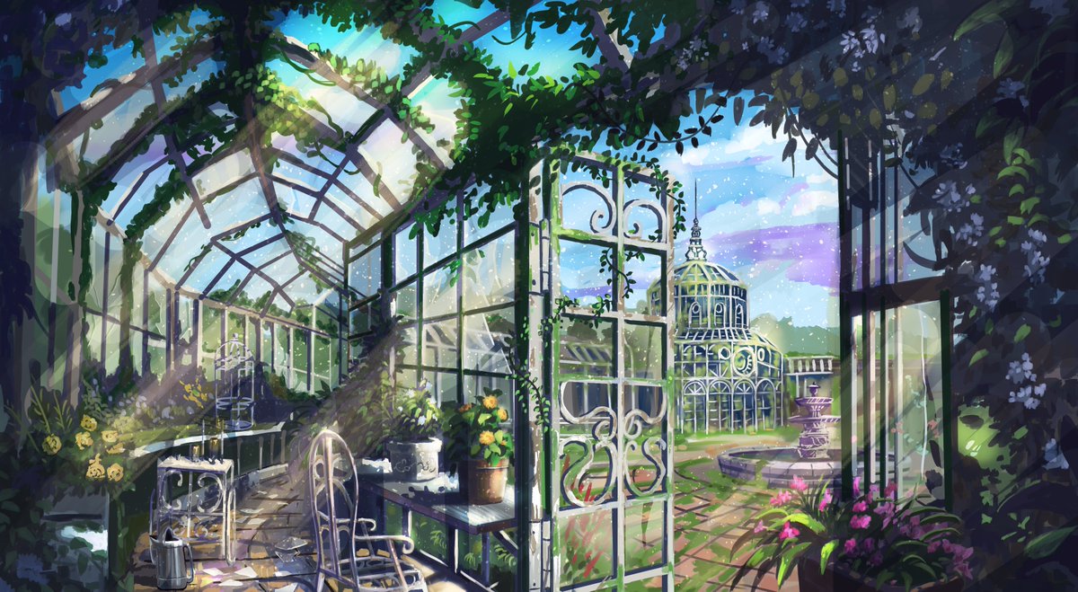 K48729436's tweet photo. ～日曜美術館 ＃218

休日���CG『庭園』模写練習

こちらの教本『背景の描き方』
https://t.co/67WprlfZg7

一枚目：今回
二枚目：前回
三枚目：前々回

温室内の陰と外から差し込む光の描画
わりと時間が掛かったがようやく完成

#イラスト #描いてみた https://t.co/DAFhpU0Ya9