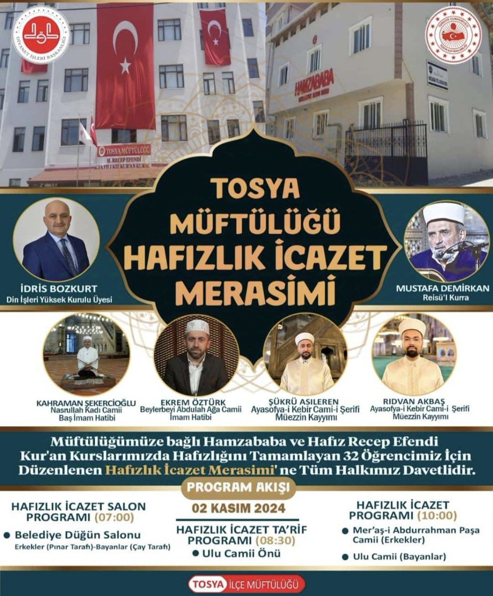 Din İşleri Yüksek Kurulu Üyesi 
<a href="/idrisbozkurt/">İdris BOZKURT</a>  hocamızın teşrif edeceği Hamzababa Kur'an Kursu 27 Erkek Hafızımız Recep Efendi Kur'an Kursu 5 Hafizemiz için düzenlenecek olan İcazet Merasimine tüm Kur'an sevdalıları davetlidir 
Tosya Din Görevlileri Yardımlaşma Derneği