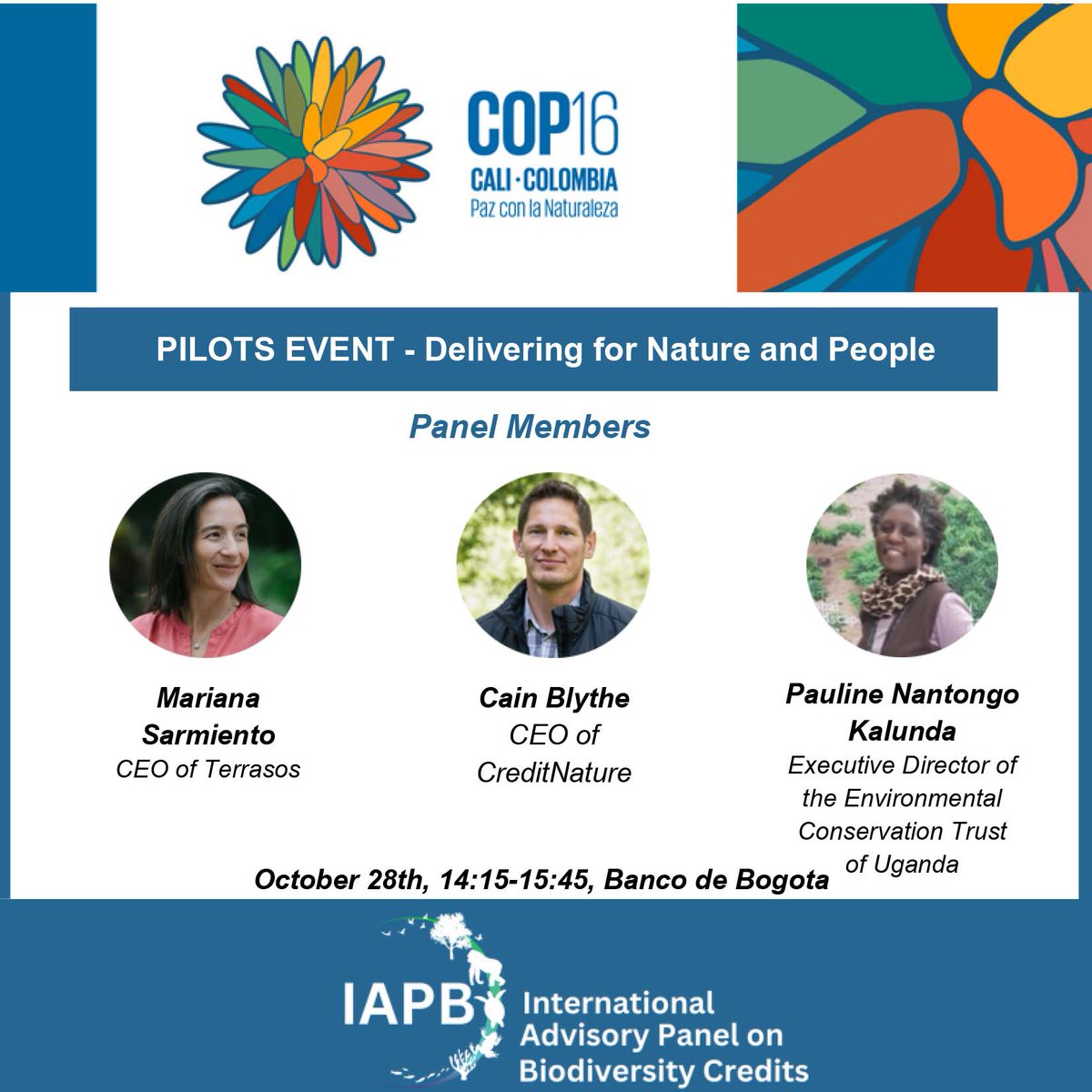 🌍 Join us at COP16 Colombia tomorrow, Oct 28, for the #IAPB's presentation on the latest in #BiodiversityCredit markets! 
🕑 Time: 14:15-15:45  
📍 Location: Banco de Bogotá (Green Zone)  
🍀 Register: proco16.com

#Pilots #Integrity #Pilots #BiodiversityCredits
