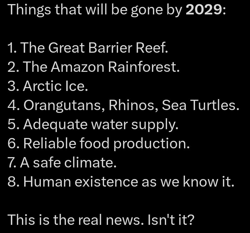 May 2024:

“I think we are headed for major societal disruption within the next five years,” said Gretta Pecl, at the University of Tasmania. “[Authorities] will be overwhelmed by extreme event after extreme event, food production will be disrupted” 🧵

dumptheguardian.com/environment/ar…