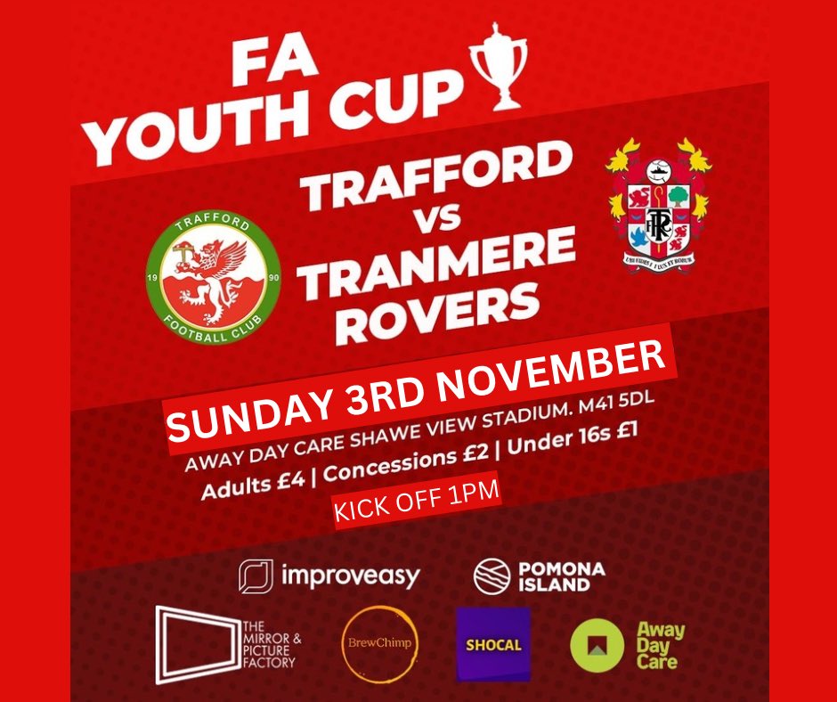 Trafford U18's @TraffordFC_DS at Shawe View get down and support this great bunch of lads!

📅 Sun 3rd November KO1pm 
🏟️ Away Day Care Shawe View Stadium
🆚 <a href="/TranmereRovers/">Tranmere Rovers FC</a> 
🏆 #FAYouthCup First Round Proper
🎫 £4 over-18s | £2 concessions | £1 under-16s