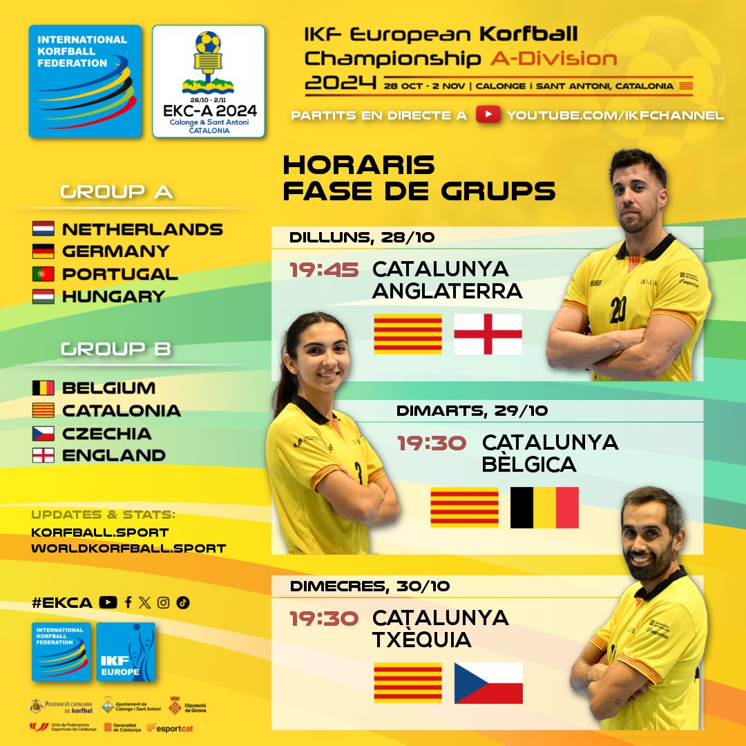 Aquests són els partits de #Catalunya a la fase de grups que comença demà al Campionat d'Europa de #Korfbal 2024 🏆 a Calonge i Sant Antoni! #EKCA ⚡️

🏆 IKF European #Korfball Championship A-Division 2024
🗓️ 28/10-2/11 📍 Calonge i Sant Antoni
📺📈📰 korfbal.cat/ekc2024