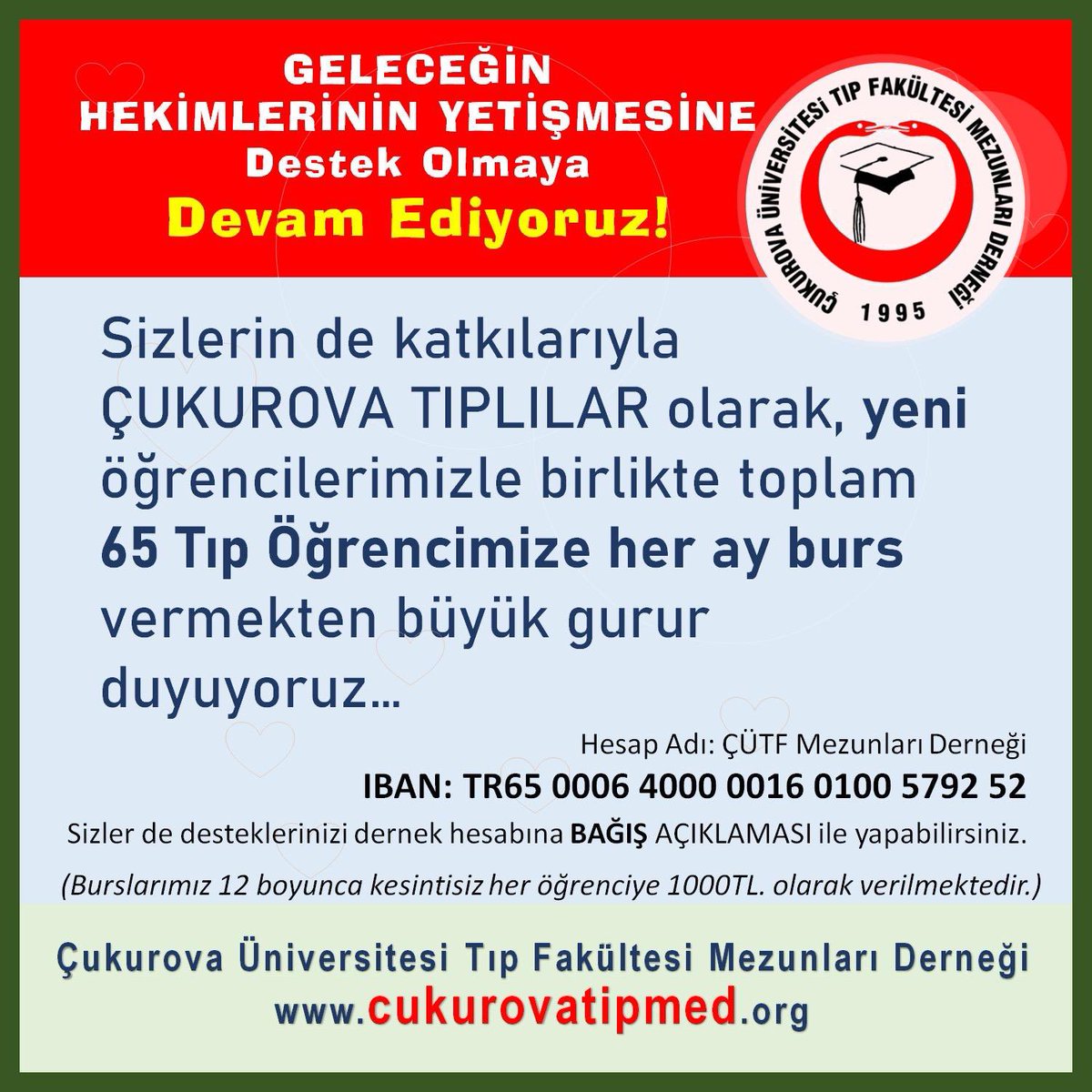 Sizlerin katkılarıyla Çukurova Tıplılar olarak her ay 65 Tıp Fakültesi öğrencimize burs vermekten mutluluk duyuyoruz.