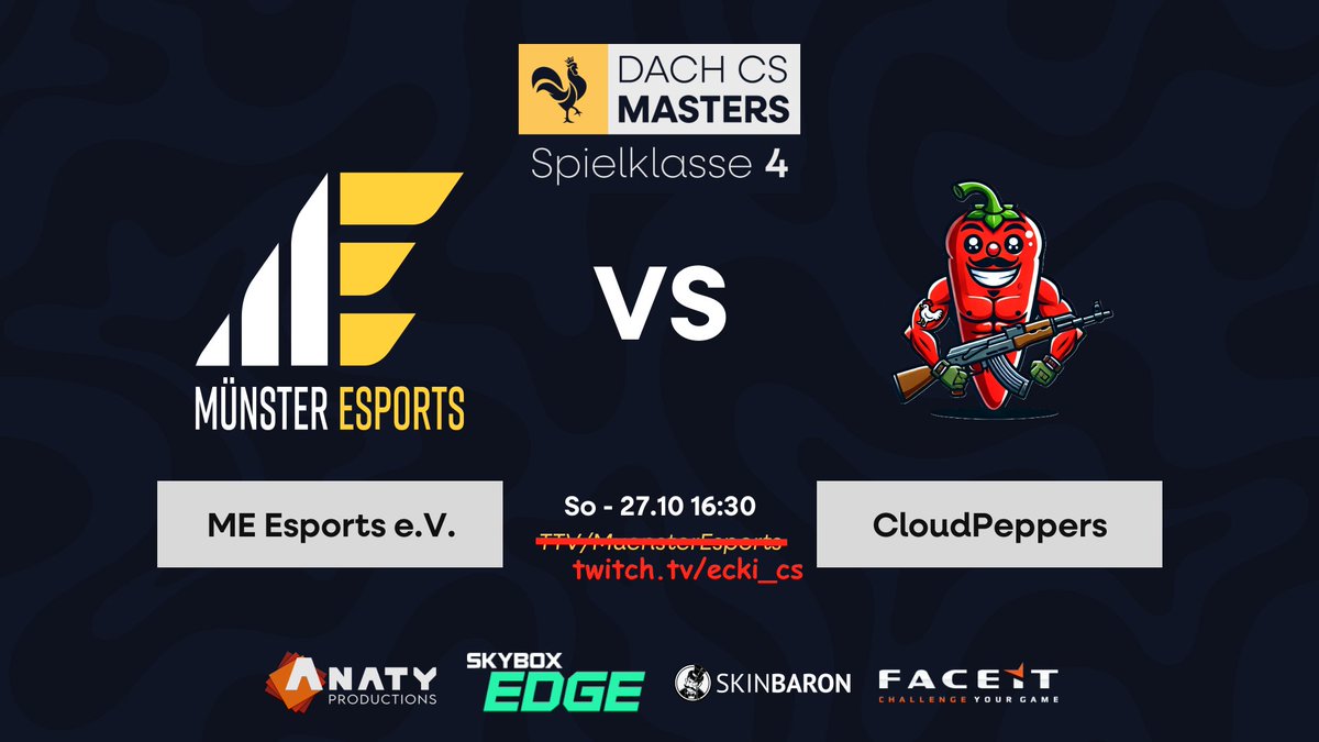 🚨DACH CS Spieltag! 🚨
Ein Mapwin im Best of 3 reicht uns für den Klassenerhalt!

🆚 CloudPeppers ☁️🌶️
🕟 Heute, 16:30
🎙️ <a href="/Ecki_CS/">Ecki</a> 
🖥️ twitch.tv/ecki_cs

Wegen Primeleague heute bei Ecki auf Twitch und nicht bei uns.
Trotzdem: einschalten, reinfolgen, anfeuern!