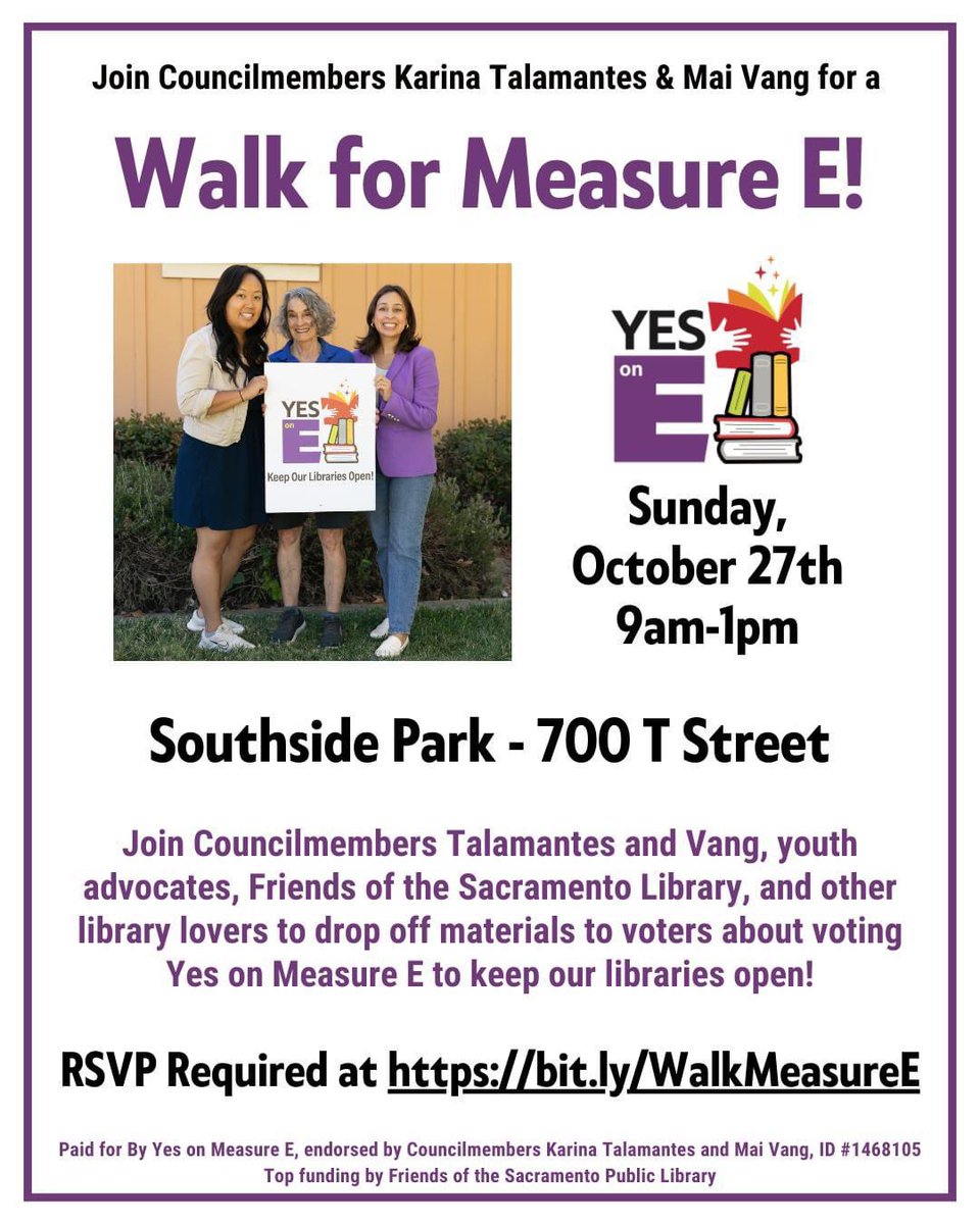 Good Morning!☀️ 

We are walking for Measure E today to save our libraries! We are meeting at Southside Park starting at 9am. 

Agenda: donuts &amp; coffee, walk &amp; talk if you are comfortable, then we will have lunch to discuss our experiences. 

We can’t wait to see you. 💜📚