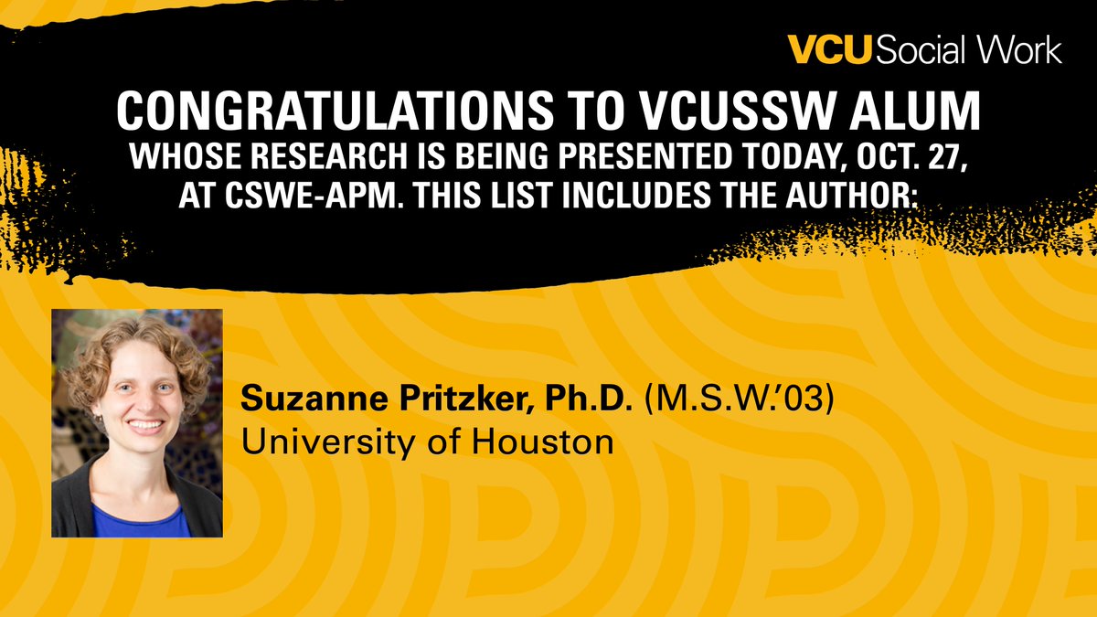 VCUSocialWork's tweet image. Congratulations to #VCUSSW alum Suzanne Pritzker, Ph.D. (M.S.W.&apos;03), of @UH_SocialWork, presenting today (10/27) at the @CSocialWorkEd&apos;s #CSWE2024. 11:30 a.m.-noon CT  |  KC Convention Center, Room 2504A. Details: vcussw.info/APM102724.