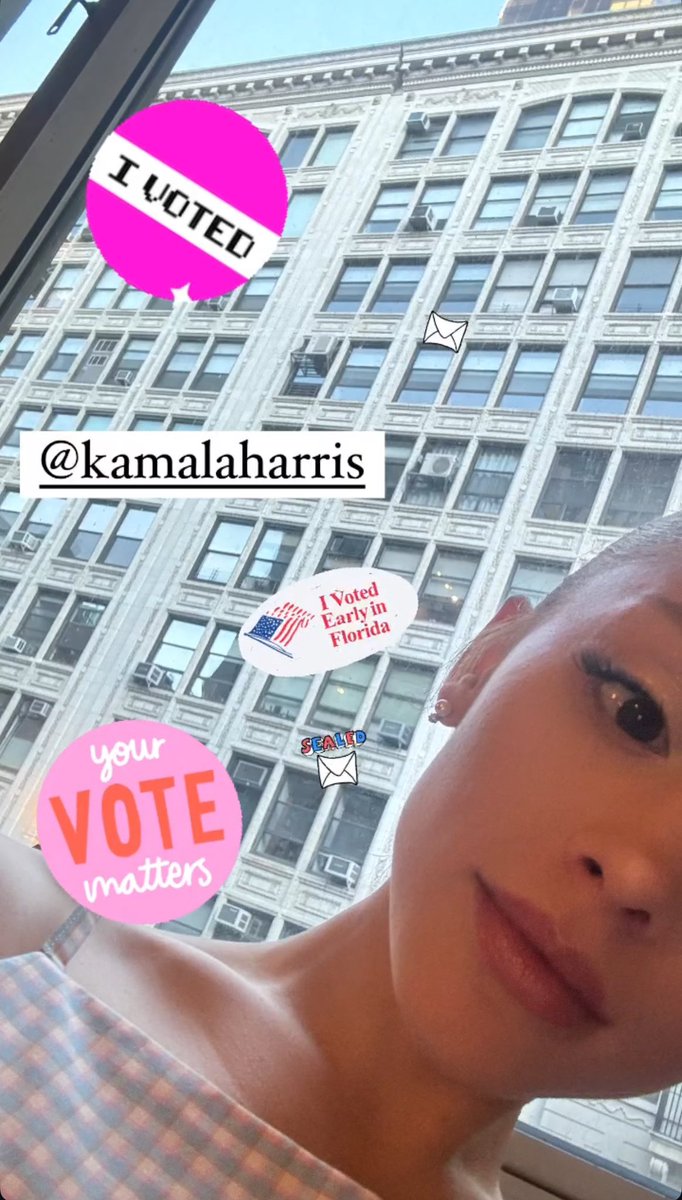 PopBase's tweet image. Ariana Grande shares that she has voted early for Kamala Harris.