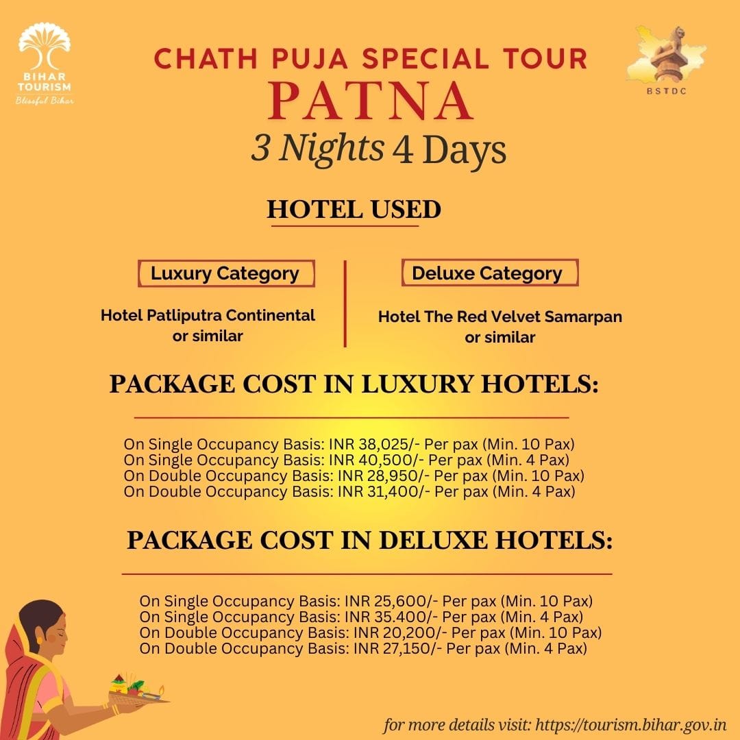 TourismBiharGov's tweet photo. Experience the divine Chhath Puja with BSTDC’s exclusive 3 nights, 4 days tour package! For more details, call 8544418408 and be part of this auspicious celebration.

#bstdc #bihartourism #chhath #chhathpuja #chhathmahaparv #packages #travelpackage

@tourismgoi @mishranitish https://t.co/ASJbjetB9r