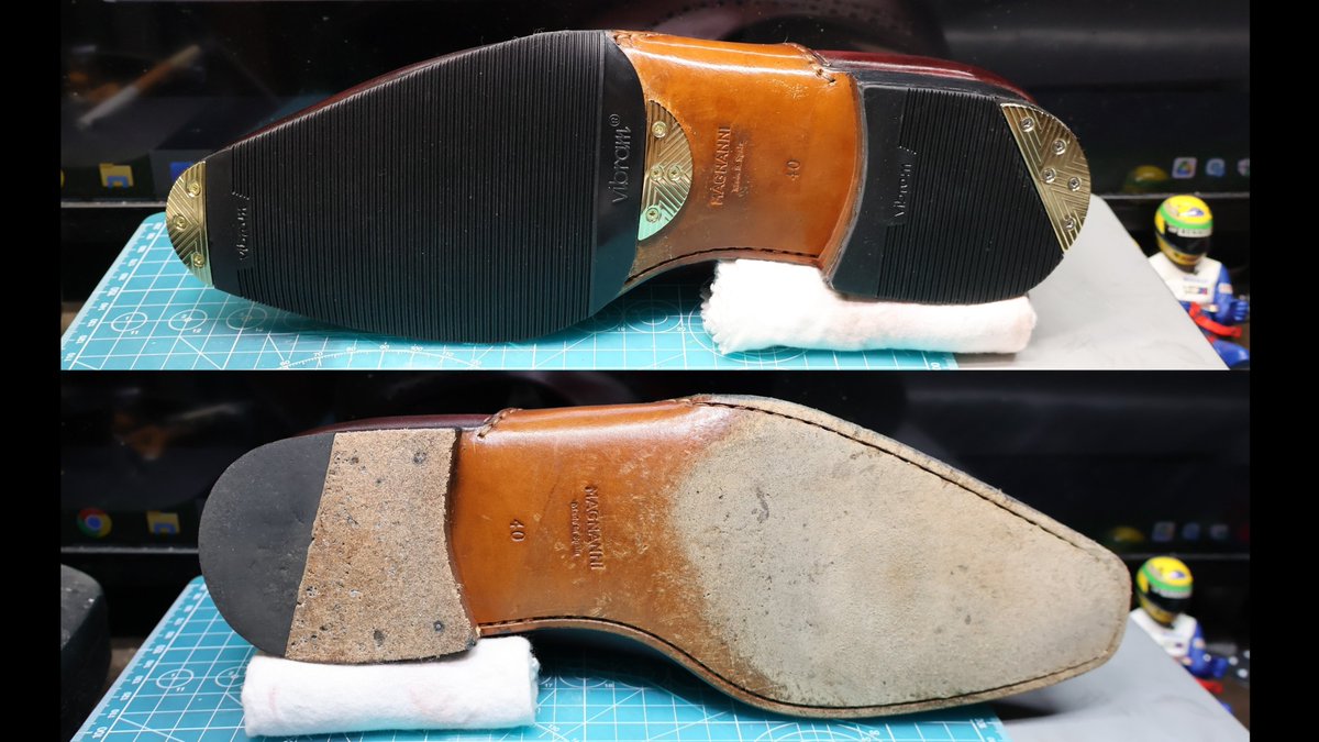 hrokf1's tweet photo. MAGNANNI オパンカ 20141 レッド
修復
①ソール貼付②トゥスチール取付③踵削れ→黒瞬着パテ盛り④ヒールスチール取付⑤面取り⑥塗装⑦ツリーしわ伸ばし
磨き
①馬毛②リムーバー③クリーム④豚毛⑤乾拭き⑥ワックス⑦プライマー×3回⑧ビーズワックス⑨山羊毛⑩化繊毛⑪水研ぎ
片足完成😥
#magnanni https://t.co/prxFikv68Y