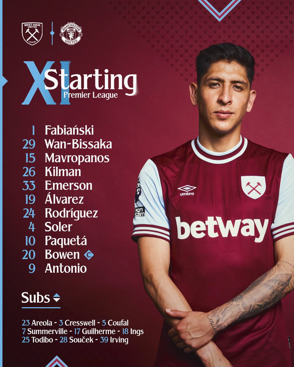 WestHam's tweet photo. Sunday's starting XI ⚒️ https://t.co/P63ycJNYU7