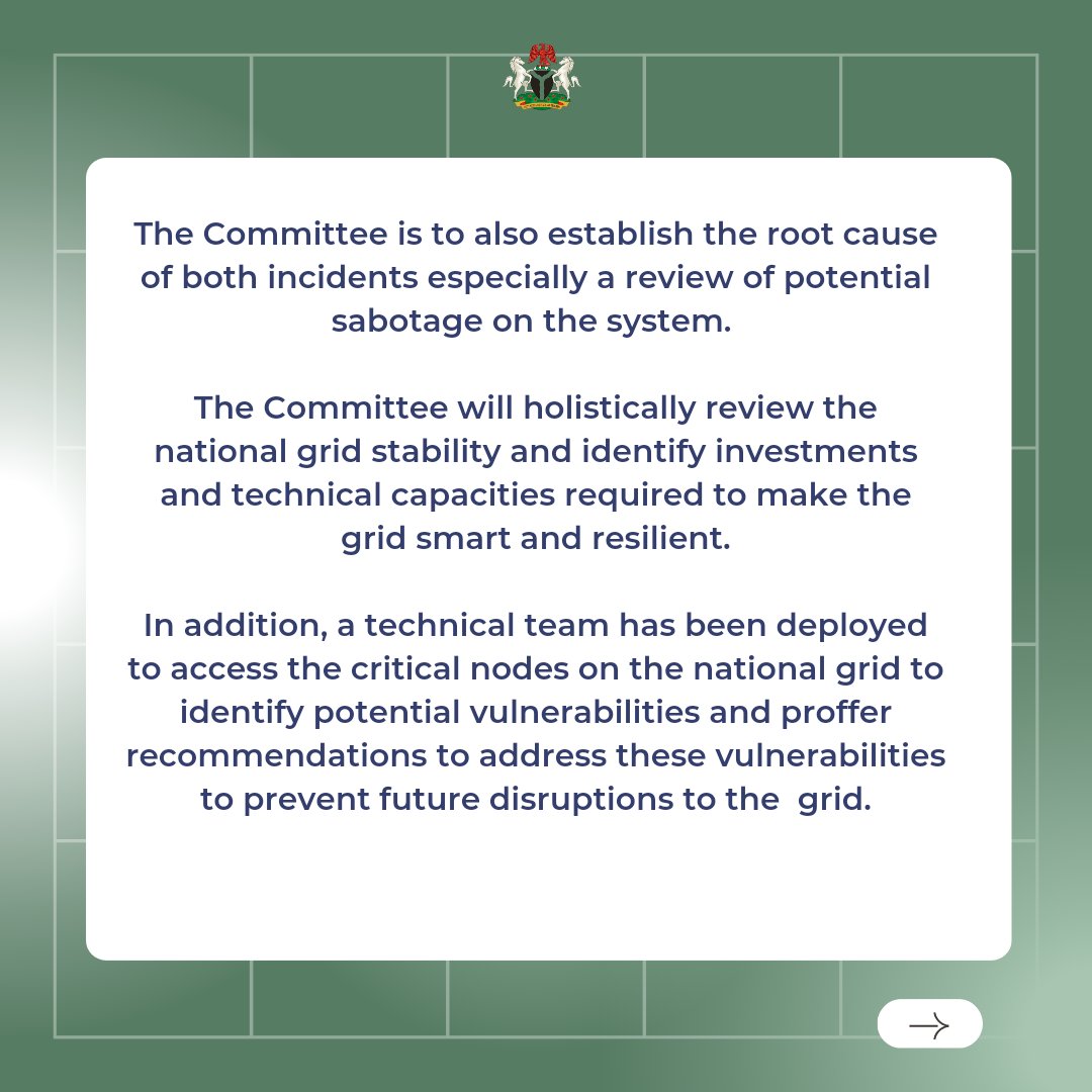 Grid disturbance: Power Minister, Adelabu summons TCN, NERC leadership to emergency meeting

Constitutes 6-member  technical committee to address challenges.

SWIPE TO READ THE FULL STATEMENT. 

#energysector
#information
#development 
#lettherebelight 
#neptap