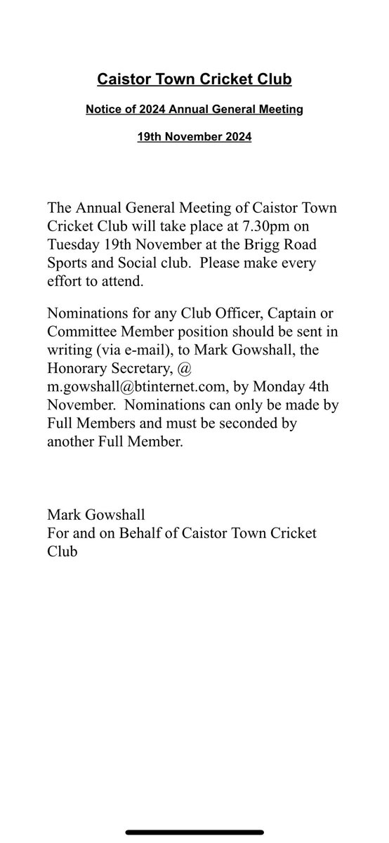 AGM 2024

⏰ Tuesday 19th November, (7:30pm)
📍 Caistor Sports and Social Club, Brigg Road

All cricket club members please make the effort to attend.
