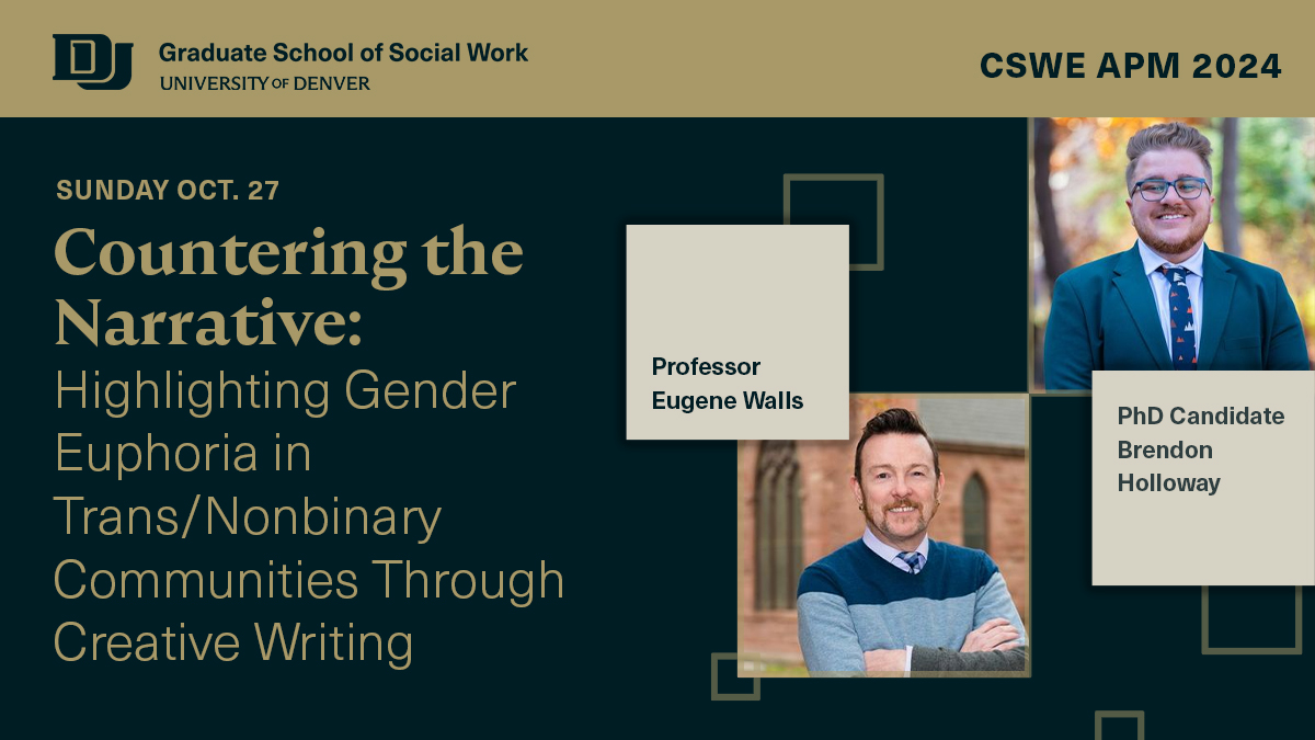 GSSWDenver's tweet image. PhD Candidate @mxbrendon &amp;amp; Professor Eugene Walls&apos; CSWE talk &quot;Countering the Narrative: Highlighting Gender Euphoria in Trans/Nonbinary Communities Through Creative Writing,&quot; will be held at 9:45 a.m. CT in room 2502B.

ow.ly/qZ0350TSXHo

#APM24 #APM2024 #CSWE2024 #CSWE24
