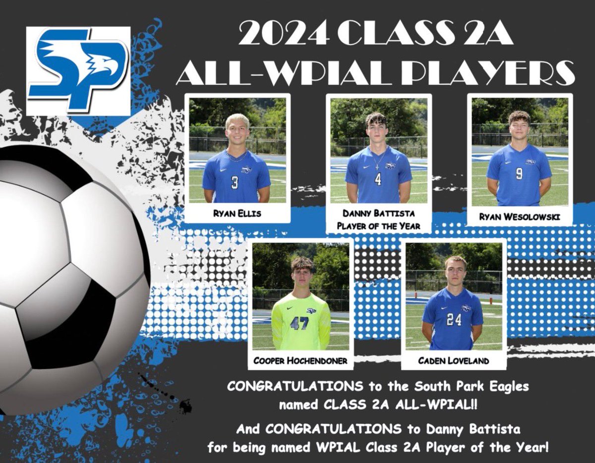 South Park Boys Soccer (@sphsbsoccer_) on Twitter photo Congratulations to our players that were named All-WPIAL:
Ryan Ellis
Ryan Wesolowski
Cooper Hochendoner
Caden Loveland
Danny Battista-2A Player of the Year
<a href="/SPSD_Athletics/">South Park Eagles Athletics</a> Congratulations to our players that were named All-WPIAL:
Ryan Ellis
Ryan Wesolowski
Cooper Hochendoner
Caden Loveland
Danny Battista-2A Player of the Year
<a href="/SPSD_Athletics/">South Park Eagles Athletics</a>