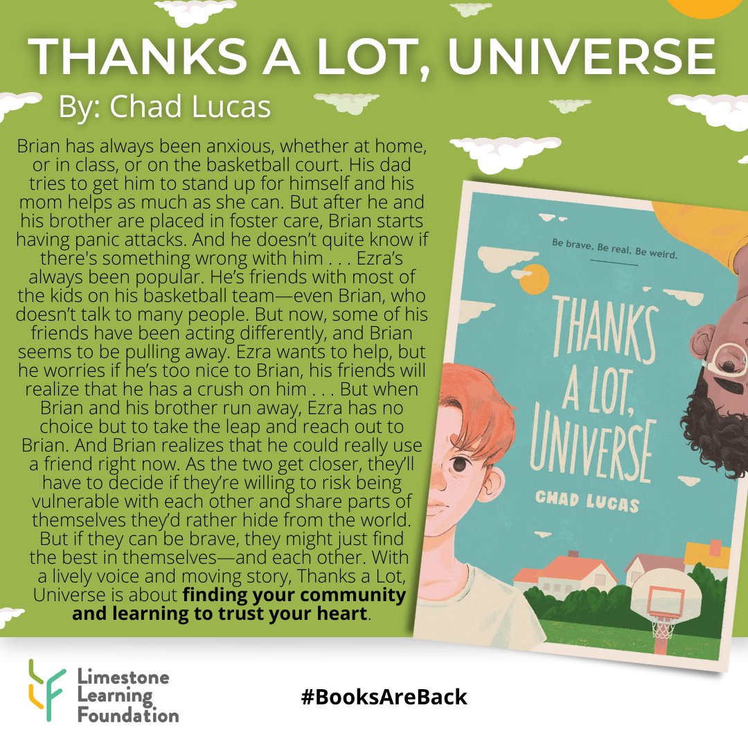LLFdn's tweet photo. ‘Thanks A Lot, Universe’ by Chad Lucas @ChadGALucas is 1 of 27 titles included in our #BooksAreBack Phase III sets the LLF has gifted to @limestonedsb classes of grade 7-8 students!
 
Learn more: https://t.co/TAK8D27snl
 
 #MyReadingLife #diversity #equity #inclusion https://t.co/9YqzVOYWng