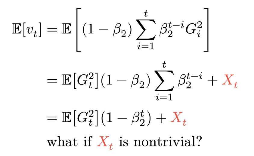 packquickly's tweet photo. Adam depends on the gradient distribution during training, which, as far as I know, we don't understand well?

Here, adapted from the Adam paper, v_t is the var estimate, G_t is the gradient r.v. and X_t is an error r.v. for distribution shift. https://t.co/v3Pbv4bUHg