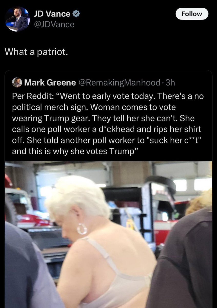 This really is the MAGA definition of patriotism. Break the law then scream and yell and act like an obnoxious, classless jerk to a poll worker just trying to do their job when you are told to stop breaking the law. The is MAGA in a nutshell.