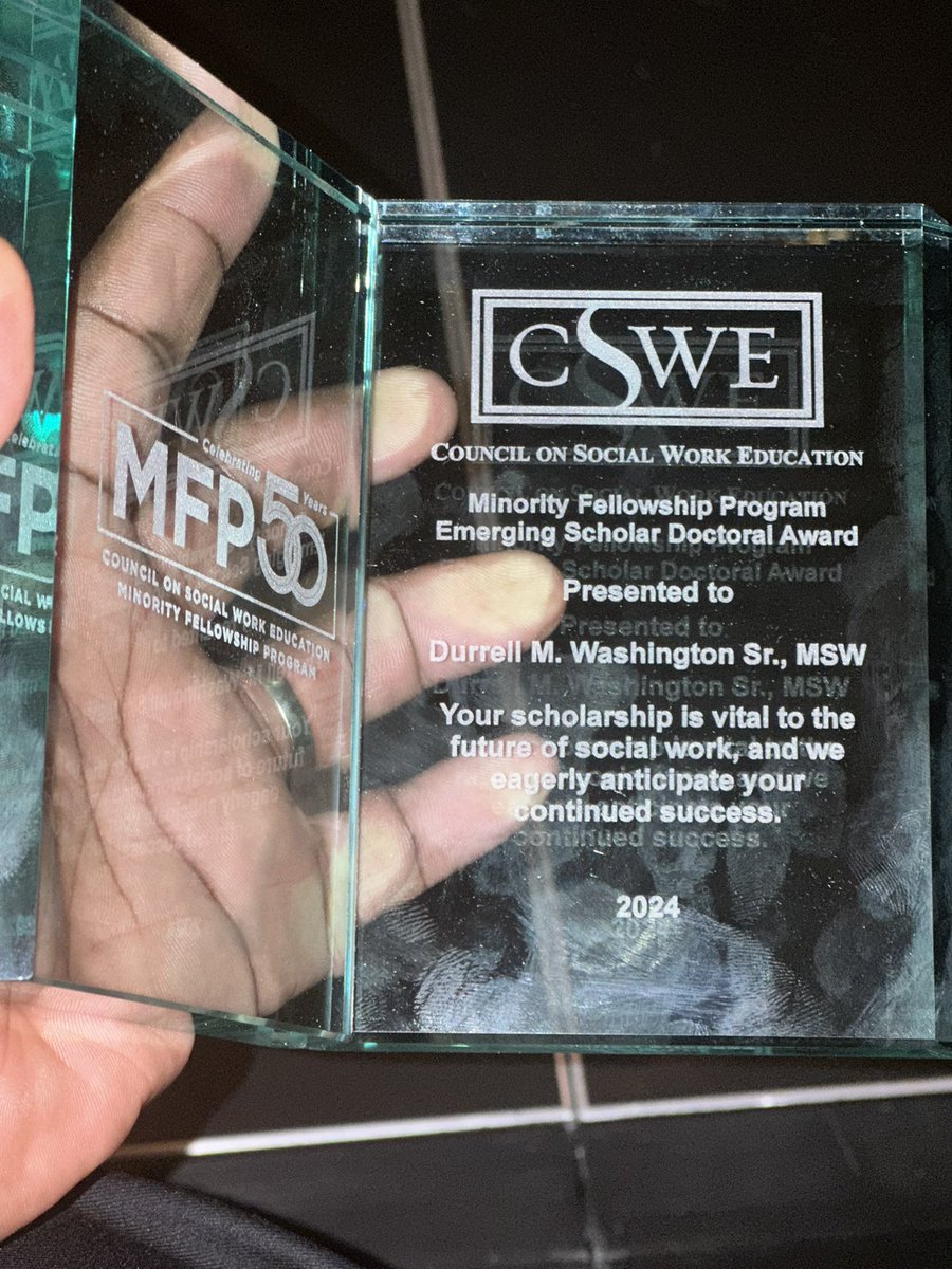 The CSWE Minority Fellowship <a href="/cswemfp/">CSWE MFP</a> celebrated its 50th anniversary at this years APM and at the celebration Gala I was awarded the inaugural Minority Fellowship Program Emerging Scholar Doctoral Award ! It was truly a great time in KC!