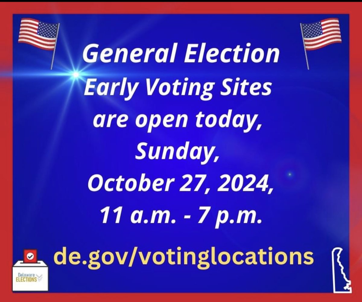 Early Voting Sites are open today Sunday Oct. 27th 11 am - 7 pm Find a location near you at de.gov/votinglocations
#netde <a href="/CapeGazette/">Cape Gazette</a> <a href="/delawareonline/">Delaware Online</a> <a href="/Deldems/">Delaware Democrats</a> <a href="/RussSenate/">Sen. Russell Huxtable</a> <a href="/StellPSelby/">Stell Parker Selby</a> <a href="/coasttvnews/">CoastTV</a> <a href="/sussexde_govt/">Sussex County Gov't</a> <a href="/BryanTownsendDE/">Sen. Bryan Townsend</a> <a href="/RadioRehoboth/">RadioRehoboth.com WWSX Radio 99.1 FM</a> <a href="/CityofRehoboth/">City of Rehoboth Beach, DE</a> @bike_lsd