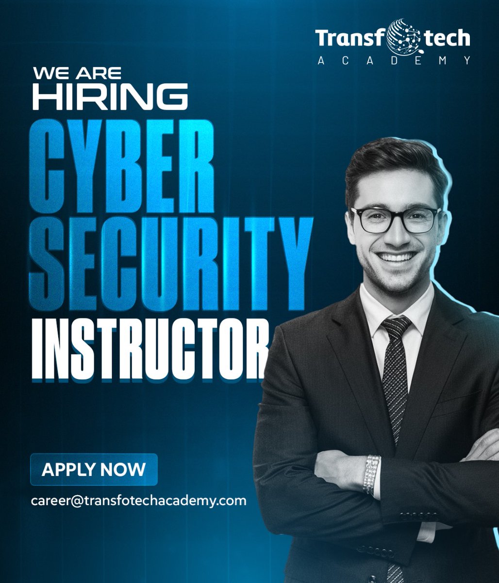 TransfotechA's tweet photo. Join Our Team as a 𝐂𝐲𝐛𝐞𝐫𝐬𝐞𝐜𝐮𝐫𝐢𝐭𝐲 𝐈𝐧𝐬𝐭𝐫𝐮𝐜𝐭𝐨𝐫!
Passionate about cybersecurity and eager to share your expertise? We’re hiring! Help shape the next generation of cybersecurity professionals.

Send your resume to: career@transfotechacademy.com https://t.co/C0w9UrkmKo
