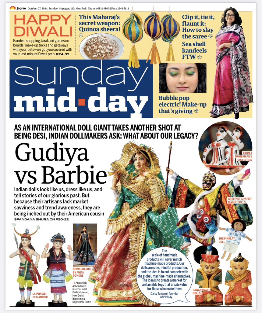 Aastha82's tweet image. Today’s page 1 was paying ode to Indian doll makers, and such a talented lot they are! 
+ a whole lot of Diwali madness! #sundaymidday #midday #sunday #sundayreading #news #barbie #mumbai #india