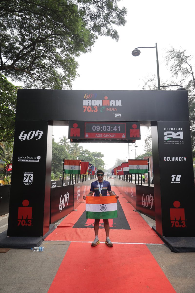 Tejasvi_Surya's tweet photo. The Ironman 70.3 Goa, known for attracting athletes from over 50 countries, has become a premier event for athletes and fitness enthusiasts in India and across the World. 

The challenge involves a 1.9km swim, a 90km cycling segment, and a 21.1km run, covering a total distance of 113km. This is the ultimate test of one’s endurance, and physical and mental fitness.  

Over the last 4 months, I have trained rigorously to improve my fitness and as a result, am happy to share that I have completed this challenge! 

The inspiration itself goes back to #FitIndia initiative kickstarted by PM @narendramodi ji, which helped me reflect on my fitness goals. As a young nation chasing big ambitions, we must nurture our physical fitness and become a more healthier nation. An endeavour to become fit also makes you more disciplined and confident, which improves chances of your success in any venture that you undertake. 

#FitIndia movement goes a long way in increasing this awareness and bringing more people on to fitness routines, that’s so essentially needed for our nation! 

As a finisher in this daunting challenge, I can attest to the young folks that fitness goals really push your boundaries, and make you a better individual. I appeal all fence sitters and perpetual planners to hop onto this journey and make progress!