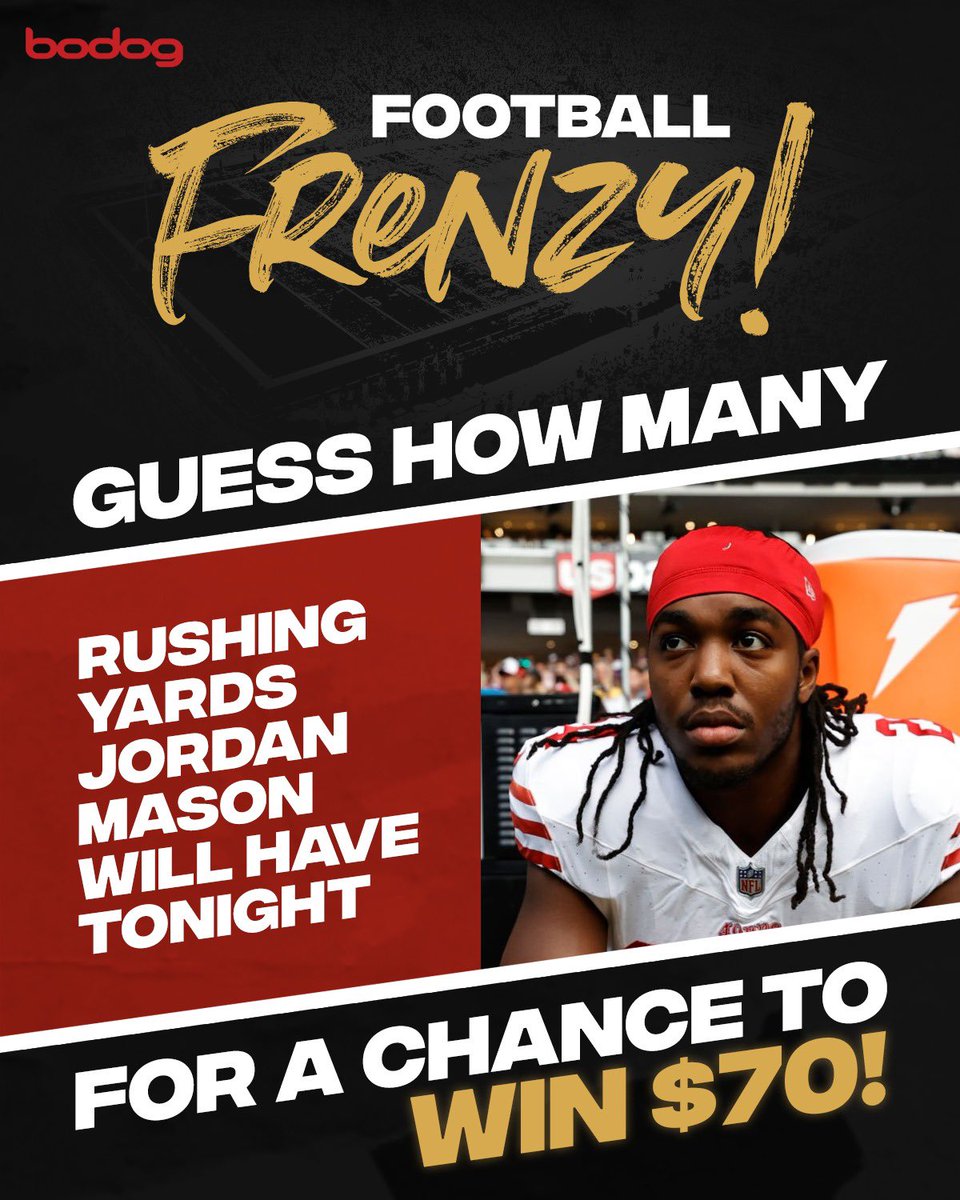 Ozoon_CA's tweet image. 🚨🏈 BODOG PRESENTS… NFL FOOTBALL FRENZY!

To enter: 

• Follow @BodogCA 

• 🔁 and reply with how many rushing yards you think Jordan Mason will have against the Cowboys tonight!

We’ll pick a lucky winner!

If no one guesses correct, the pot will grow by $10 🤑

#DALvsSF ➡️