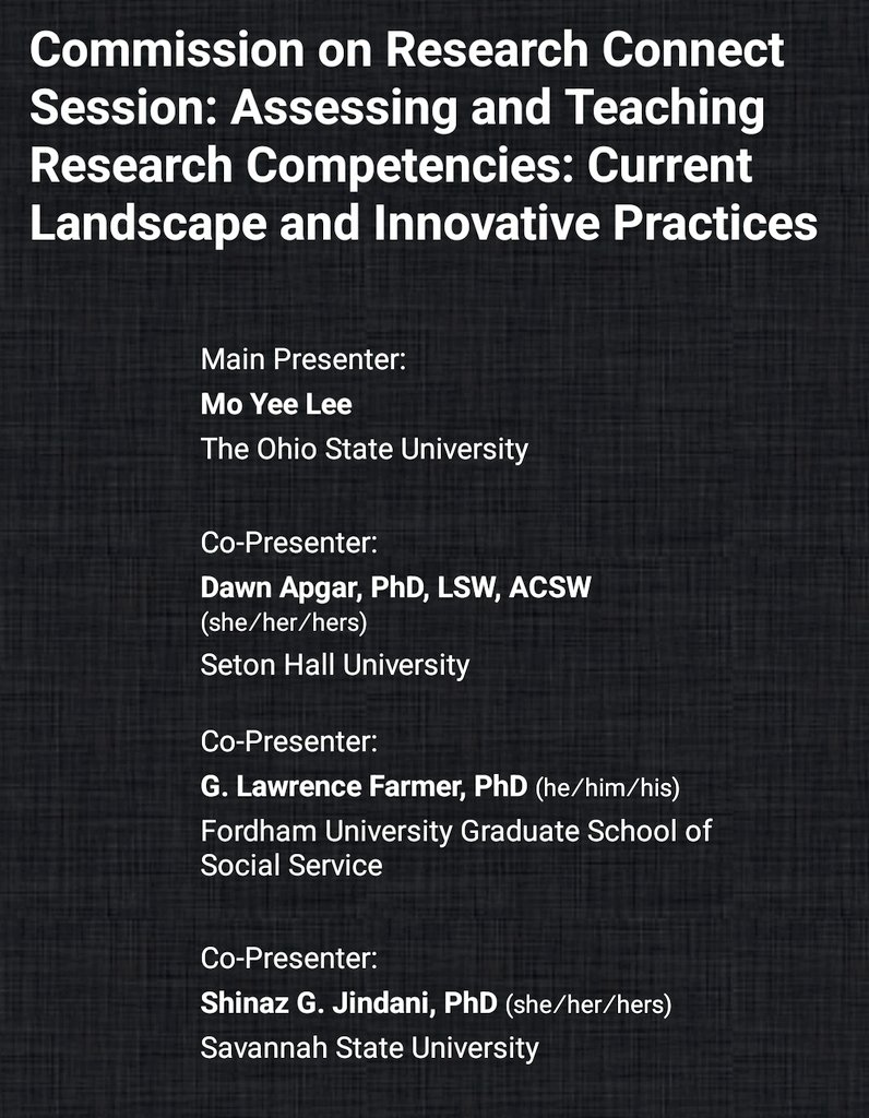 realsocialwork's tweet image. Great insight and guidance from @osucsw Dr. Yee and @SetonHall Dr. Apgar about research competency study result implications. I look forward to bringing this info at the next @TarletonState @TarletonSOCW department meeting. #ResearchIsFun #ResearchMatters #SocialWork #CSWE2024