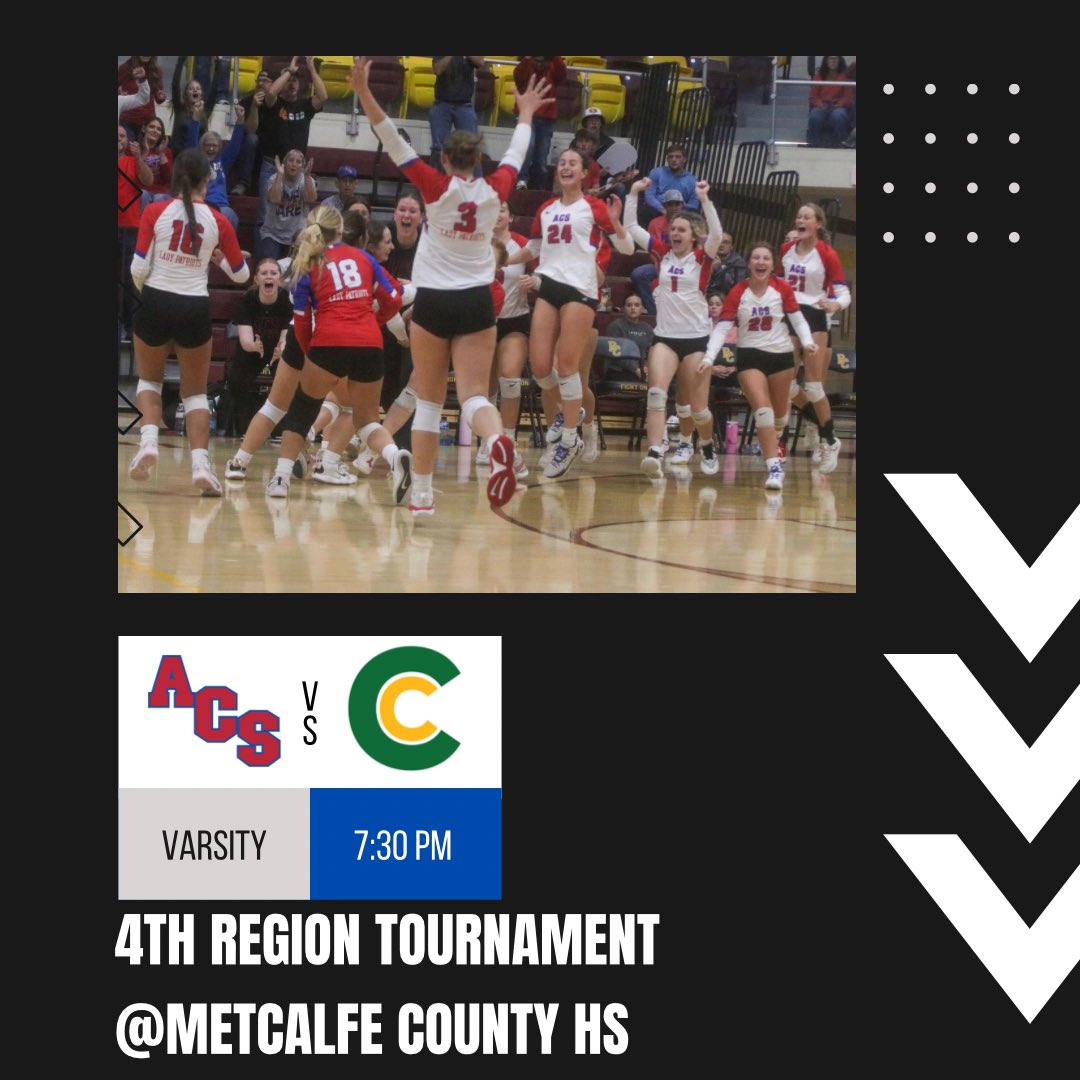 ACS Volleyball (@acsvball) on Twitter photo ‼️Back at it 🔜 ‼️
<a href="/ACSVBall/">ACS Volleyball</a> opens up 4th Region tournament play tomorrow at Metcalfe County as we take on the Cumberland County Lady Panthers! Game time is 7:30 PM!
See you there!
#ForOleACS🔴🏐🔵 #NoExcuses ‼️Back at it 🔜 ‼️
<a href="/ACSVBall/">ACS Volleyball</a> opens up 4th Region tournament play tomorrow at Metcalfe County as we take on the Cumberland County Lady Panthers! Game time is 7:30 PM!
See you there!
#ForOleACS🔴🏐🔵 #NoExcuses