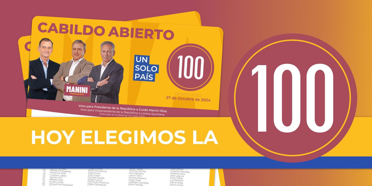 ES HOY. ES CON LA 💯

#VivirMejor #CabildoAbierto #UnSoloPais #AloSeguro #ManiniPresidente #elecciones #uruguay #montevideo 
#la100 #LozanoAlSenado #elecciones2024