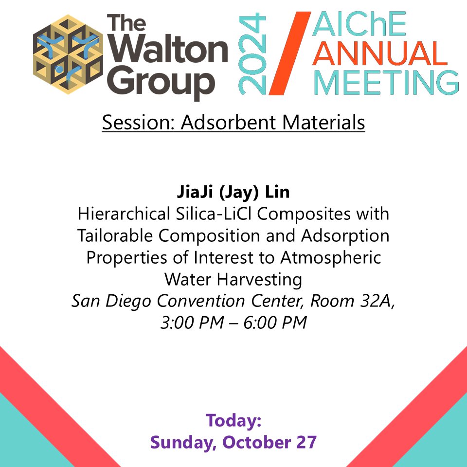 Day 1 of #AIChE2024, JiaJi (Jay) Lin will be presenting his work on hierarchical mesoporous silicas for atmospheric water harvesting in Adsorbent Materials Session. See you all there!