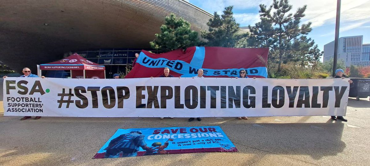Protesting again. This time about the ending of nearly all concession tickets at <a href="/WestHam/">West Ham United</a> . Representing <a href="/whust_whufc/">WHUST</a>, with colleagues from Hammers United and the Official Supporters Club  #StopExploitingLoyalty <a href="/WeAreTheFSA/">The FSA</a>