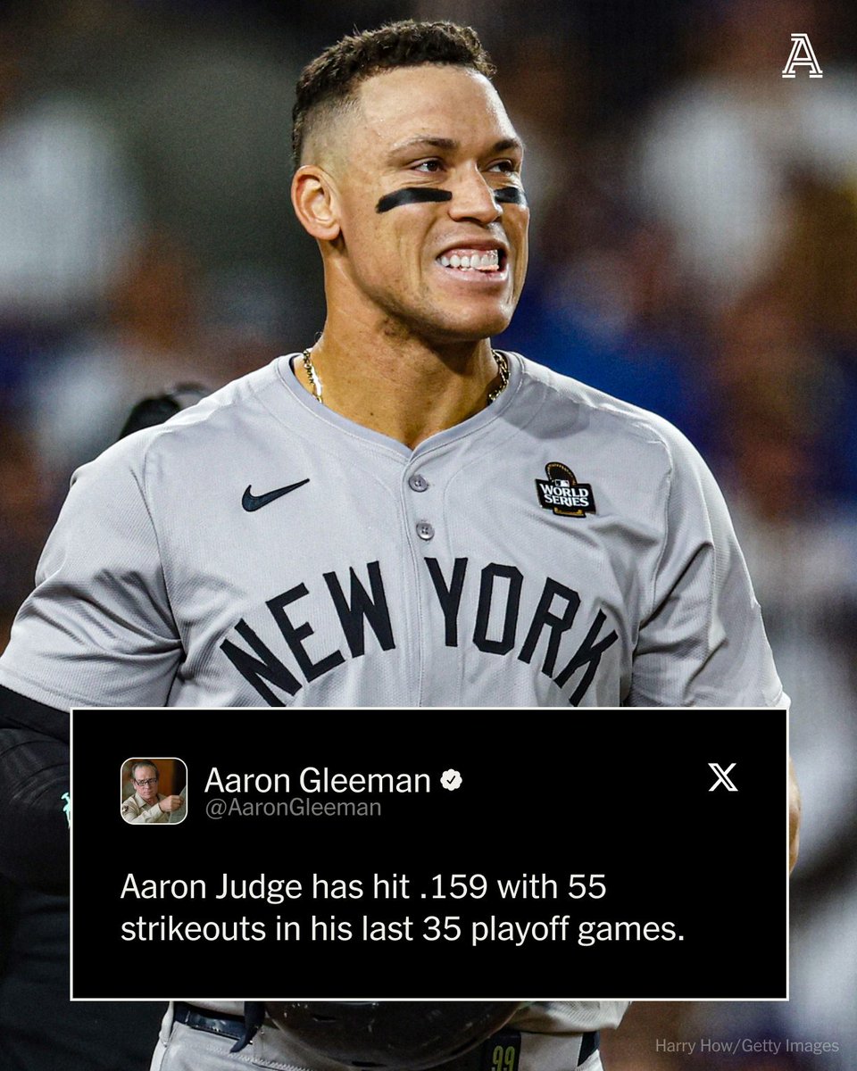 TheAthletic's tweet photo. The Yankees have an Aaron Judge problem. And patience with the captain is wearing thin among a championship-starved fan base.

Judge is still in search of his defining World Series moment — one the Yankees badly need.

https://t.co/63BBne9sHU https://t.co/N1WwvIZeQb