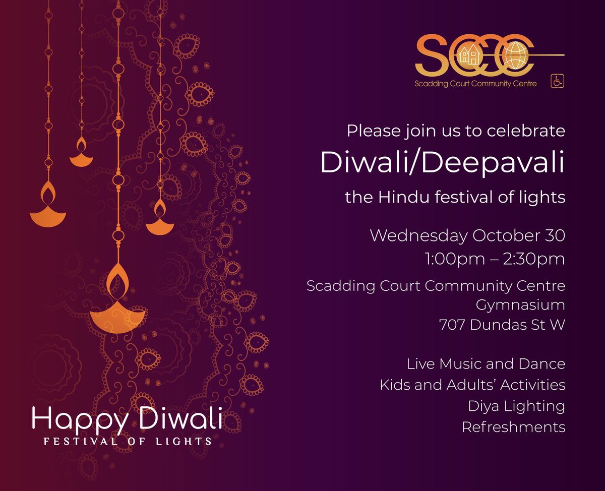 scadding_court's tweet image. Celebrate the Festival of Lights with us!  Join us for a fun-filled event of Diya lighting, painting, dance, music, snacks and sweets.
Date: Wednesday, October 30th
Time: 1pm - 2:30pm
Location: Scadding Court Gym
#Diwali #ScaddingCourt #CommunityEvent #Toronto #FestivalOfLights