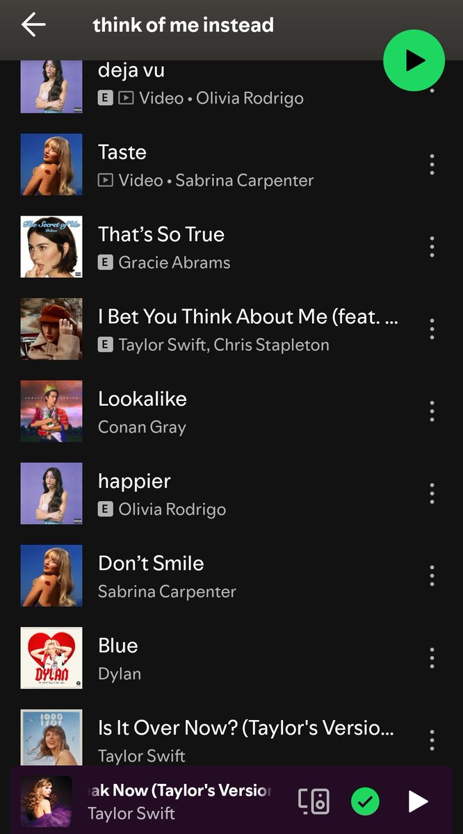 lialunemp3's tweet photo. A line up of songs can't hurt you, they're not real.

The line up of songs:
#oliviarodrigo #sabrinacapenter #gracieabrams #taylorswift #conangray #dylan https://t.co/qLvzckx5Kz