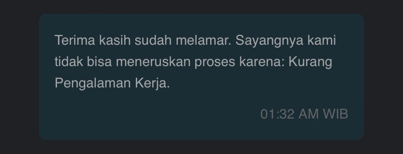 masdanken's tweet photo. Ya kalo pengalaman kerja saya sudah banyak, yang saya lamar bukan perusahaan bapak 🙂 https://t.co/ourIjSmrut