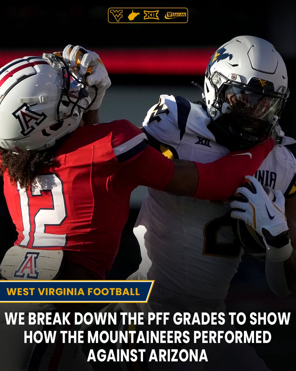 WVSportsDotCom's tweet photo. PFF Grades ▶️ https://t.co/9THwHBwrvV

We're breaking down how individual #WVU players and position groups graded out against Arizona. #HailWV https://t.co/0MT6e3SpKl