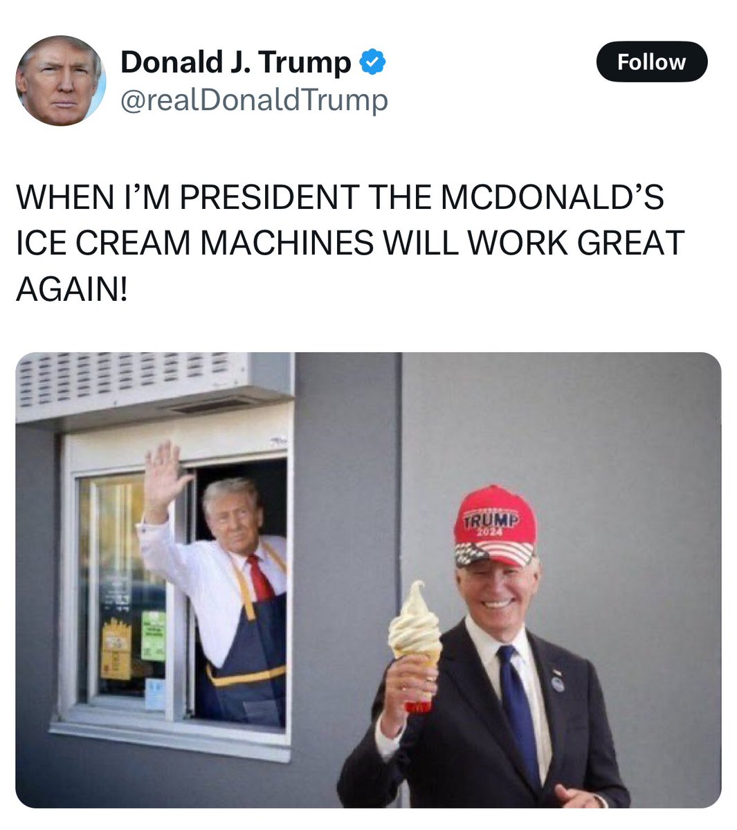 JoJoFromJerz's tweet photo. When he was “president”, thanks to his catastrophic mismanagement of the pandemic, you couldn’t even go inside a McDonald’s for a while. https://t.co/zmmKUwjeun