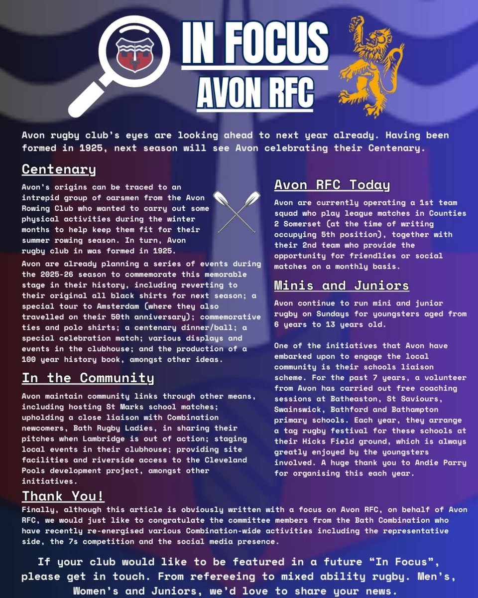 BathCombinationRugby (@bathcombination) on Twitter photo 🗞️🗞️🗞️🗞️🗞️
Check out this month's edition of "The Combination"
In this edition:
- Ladies Representative Rugby
- Merit Table
- Memory lane.
- Our first "In Focus" - <a href="/AvonRFC/">Avon Rugby Club</a> 🗞️🗞️🗞️🗞️🗞️
Check out this month's edition of "The Combination"
In this edition:
- Ladies Representative Rugby
- Merit Table
- Memory lane.
- Our first "In Focus" - <a href="/AvonRFC/">Avon Rugby Club</a>
