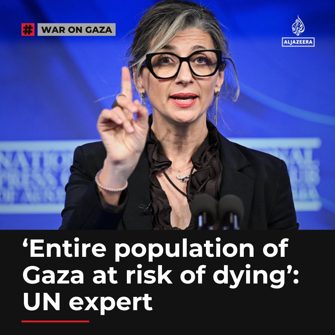 Francesca Albanese, the UN special rapporteur on the occupied Palestinian territories, says, “The entire population of Gaza is at risk of dying in a genocide that has been announced and executed under our watch.”

🔴 LIVE updates: aje.io/e5e2fw