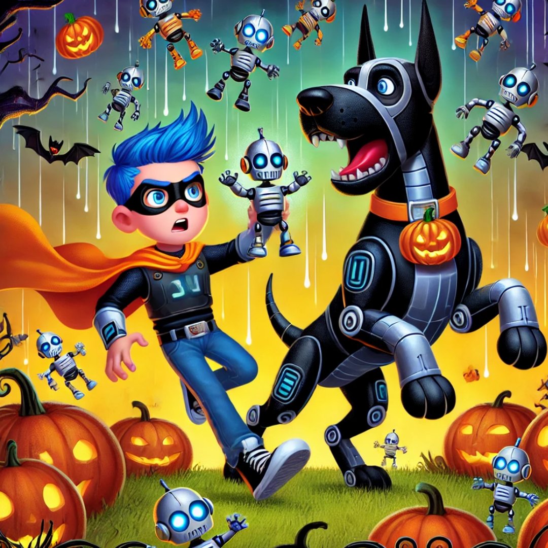 aboyandhisdogjh's tweet image. 👻Trick or Treat... or Tech? 🤖 This Halloween, beware of candy-stealing robots! They’re sneaky, they’re sweet-toothed, and they’re Raining Robots! Grab your flashlight, your robo-detector—Blu and D.O.G. need YOU on patrol!🍬 #RainingRobots #HalloweenFun #SpookyTech #TrickOrTreat