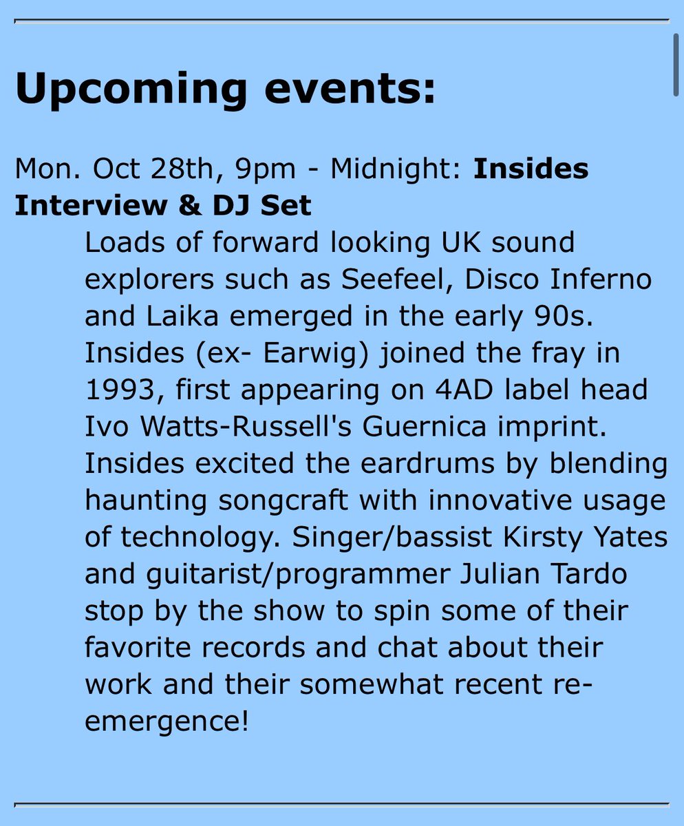 Insides__'s tweet image. On Monday 28 October we are coming to you live &amp;amp; direct from WFMU for 3 fucking hours, courtesy of Daniel Blumin. All the details are in the pictures. 

Featuring a couple of neglected, abandoned, unreleased tracks: one earwig WIP and one Insides.
