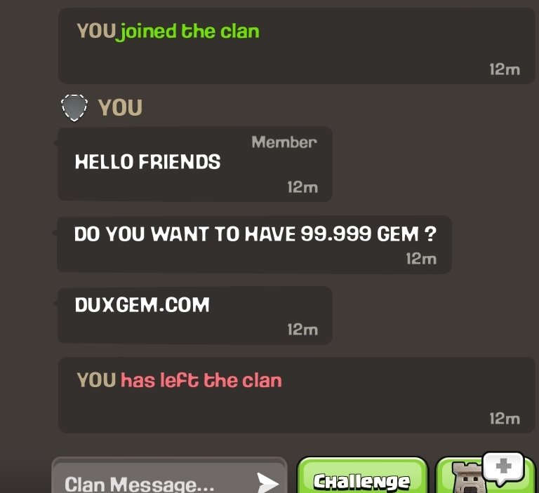 _PhoenixShade_'s tweet photo. @ClashofClans how can we report players that are using your recruitment system to go in and keep spamming our chats to go to their illegal gem page. I don't think hitting the report on their messages is going to be enough and I can't find a email to do it there.#GC2P2YLVU is YOU https://t.co/qEsSFM4Kyw