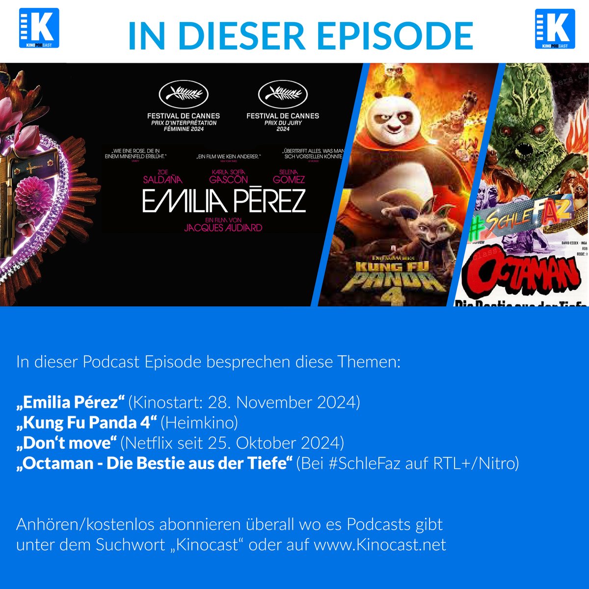 Kinocast's tweet photo. Unsere neue Podcast Episode ist da, über die Filme: "Emilia Pérez"
#DontMove 
"Kung Fu Panda 4"
#SchleFaz #Octaman 
Serien: #LincolnLawyer #KAOSNetflix 
Anhören auf Spotify:  https://t.co/DMWLafnMCM
Oder hier: https://t.co/enufZYl6OF 

CC: @KateBendel @Coyote_22 https://t.co/rY2lMXeB1W