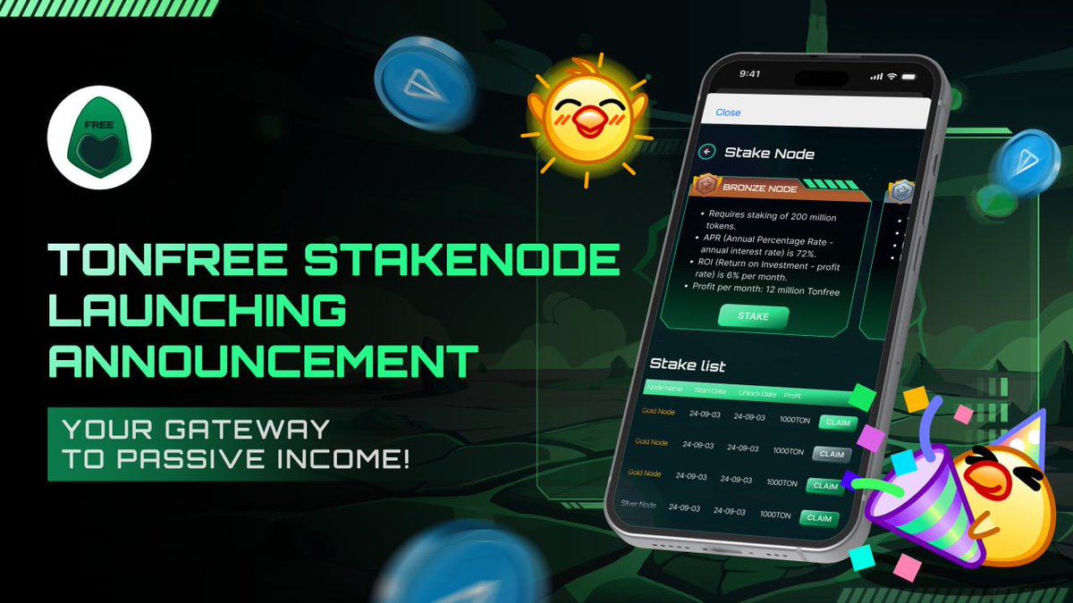 Tonfree_app's tweet photo. 🤑 New Ways to Earn with $TONFREE STAKE NODE🤑

🔥There are myriad ways to make a profit with $TONFREE!

We are excited to announce the launch of STAKE NODE within the TONFREE ecosystem! This innovative staking feature allows users to maximize their returns based on their investment tiers. 

🧩Stake Node Package

Bronze Node: Stake 100M TonFree for a 48% APR (4% monthly ROI).
Silver Node: Stake 500M TonFree for a 72% APR (6% monthly ROI) + NFT monster. 
Gold Node: Stake 2000M TonFree for a 108% APR (9% monthly ROI) + NFT VIP. 
Diamond Node: Stake 5000M TonFree for a remarkable 180% APR (15% monthly ROI) + NFT Boss

Interest is paid in $TONFREE and $TON! And the rewarded NFT will automatically earn profits following the level! 

❤️Enjoy a bonus of 30k $TONFREE for new users redeeming a referral code, and look forward to enhanced transfer features for premium accounts! Start staking today and take your $TONFREE experience to the next level!