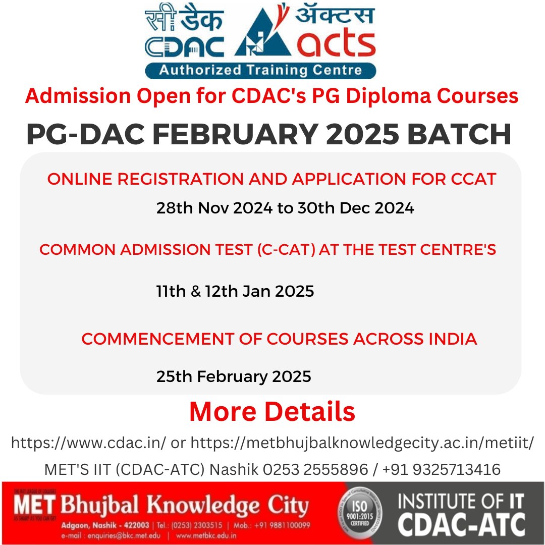 atc_cdac's tweet image. 🚀📚 Unlock Your Future with Advanced Computing! 📚🚀
Join MET's Institute of IT, Nashik - an authorized CDAC Training Center, for the prestigious CDAC PG-DAC course. Perfect for Engineering Graduates, Post Graduates in Computer Applications/Science, and more!
#AdvancedComputing