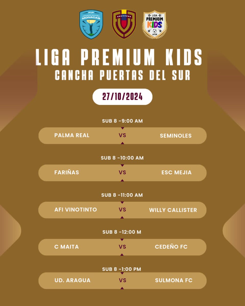 afemonagas's tweet photo. Jornada 2 - Liga Platinum Kids
Jornada 2 - Liga Premium Kids

Presentamos la jornada del día 27 de octubre.

¡Que reine el buen fútbol en todas las canchas!

¡Vamos por más!
¡Monagas es territorio de fútbol! https://t.co/3gkFj9Gf7P