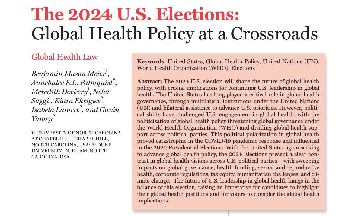 Benjamin Mason Meier (@benjaminmmeier) on Twitter photo The U.S. Elections present an existential crossroads for #GlobalHealth, as we examine in <a href="/JLME_ASLME/">The Journal of Law, Medicine & Ethics</a>.
cambridge.org/core/journals/⦠Developed by UNC & Duke faculty and students, I am inspired that we came together to fight for North Carolina ā and the future of global health policy. š³ļø The U.S. Elections present an existential crossroads for #GlobalHealth, as we examine in <a href="/JLME_ASLME/">The Journal of Law, Medicine & Ethics</a>.
cambridge.org/core/journals/⦠Developed by UNC & Duke faculty and students, I am inspired that we came together to fight for North Carolina ā and the future of global health policy. š³ļø