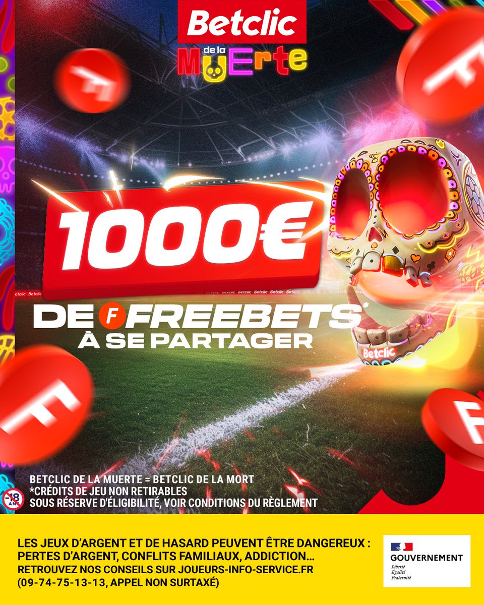 1000€ DE FREEBETS* À SE PARTAGER POUR #OMPSG ! 🤩🔥

On a pas fini de vous régaler pendant Betclic de La Muerte ! On rajoute 10 x 100€ de Freebets* pour vibrer devant le Classique 💰

🔥 RT + Like 
⚽️ Donne ton prono pour ce soir + #ClassiqueBetclic
🍀 TAS à 18h15